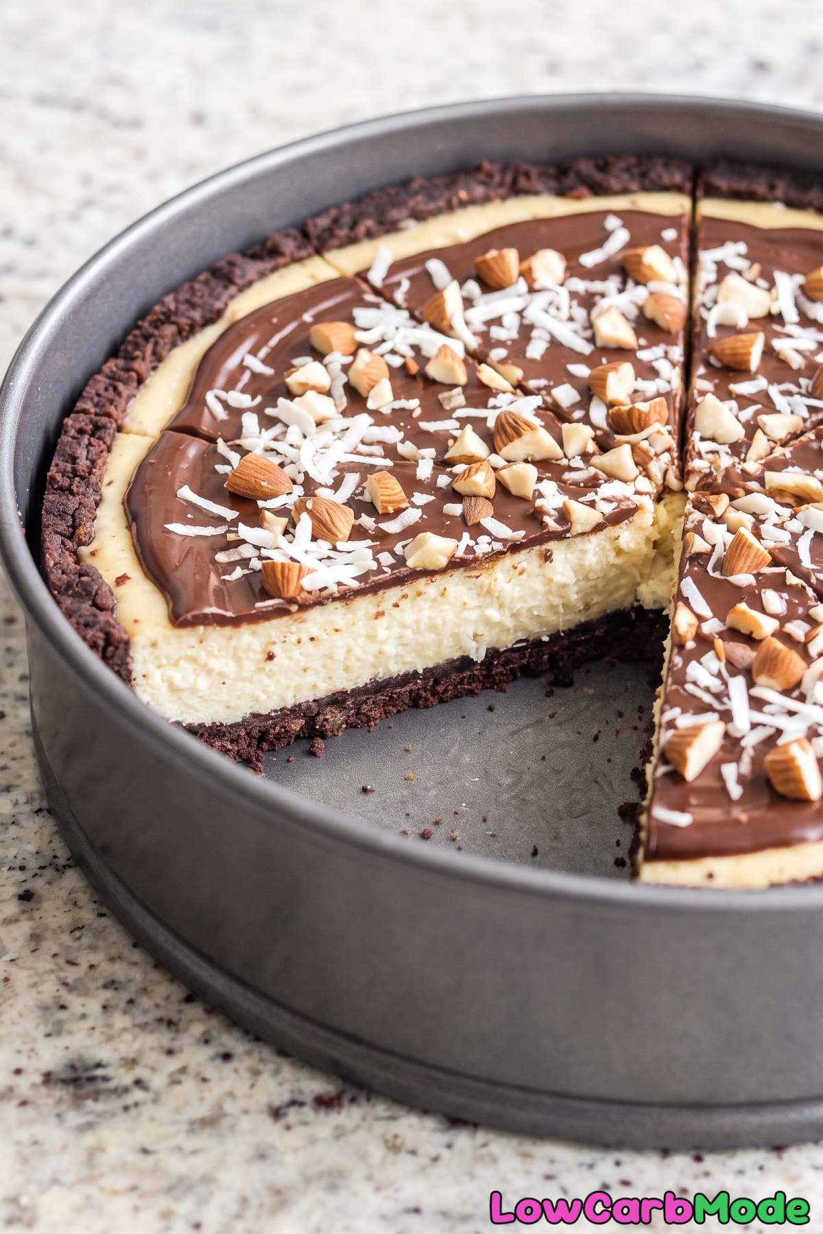 Creamy keto Almond Joy cheesecake