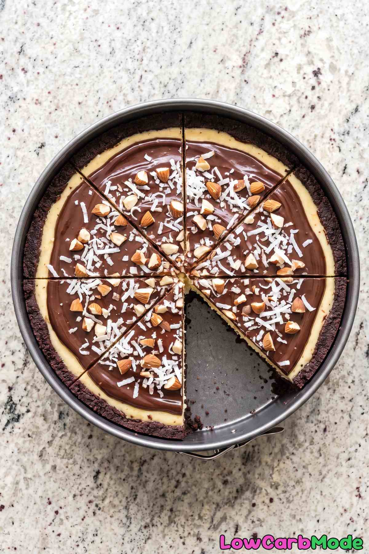 Keto Almond Joy cheesecake with chocolate top