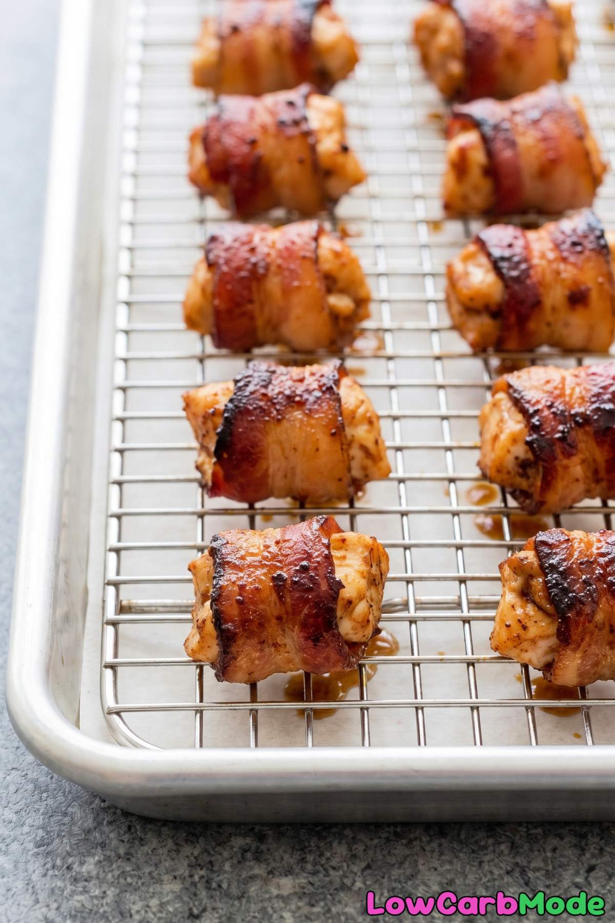 Tender keto chicken bites wrapped in bacon
