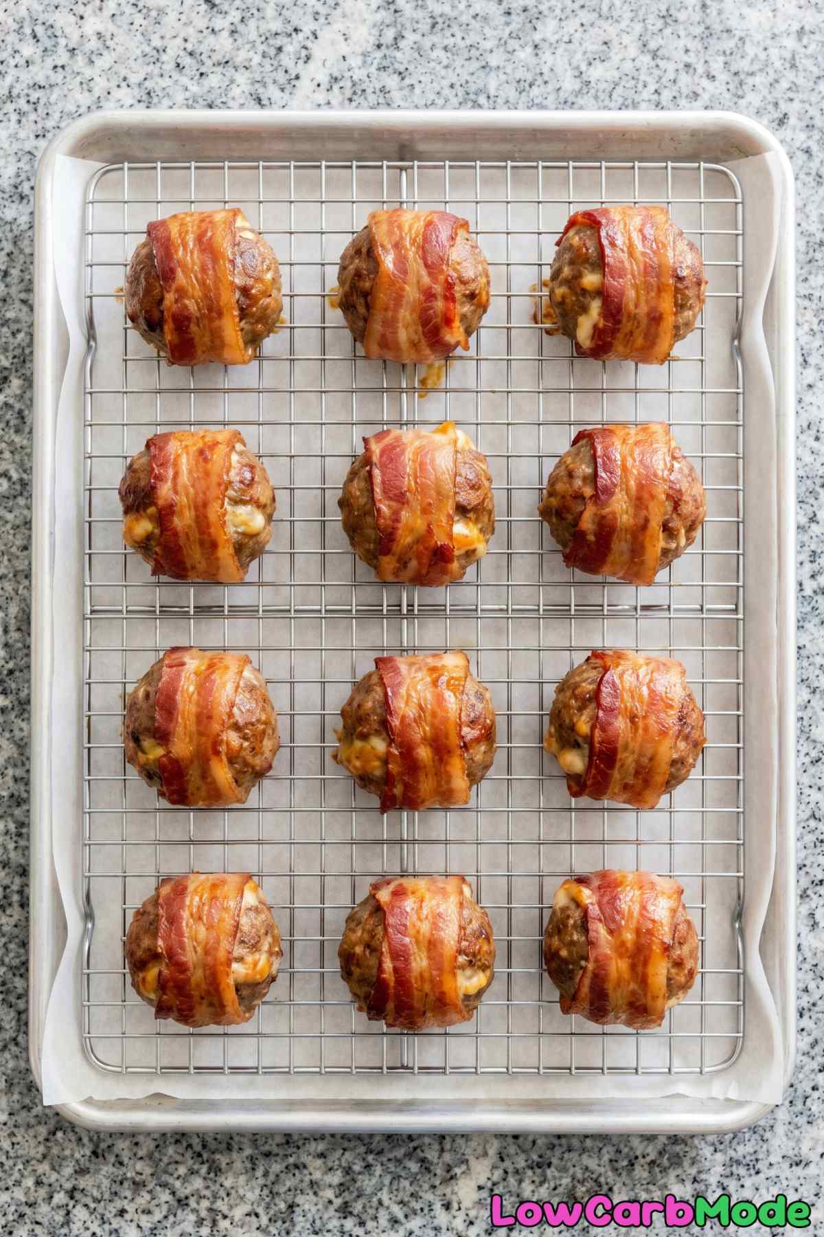warm keto meatballs wrapped in crispy bacon