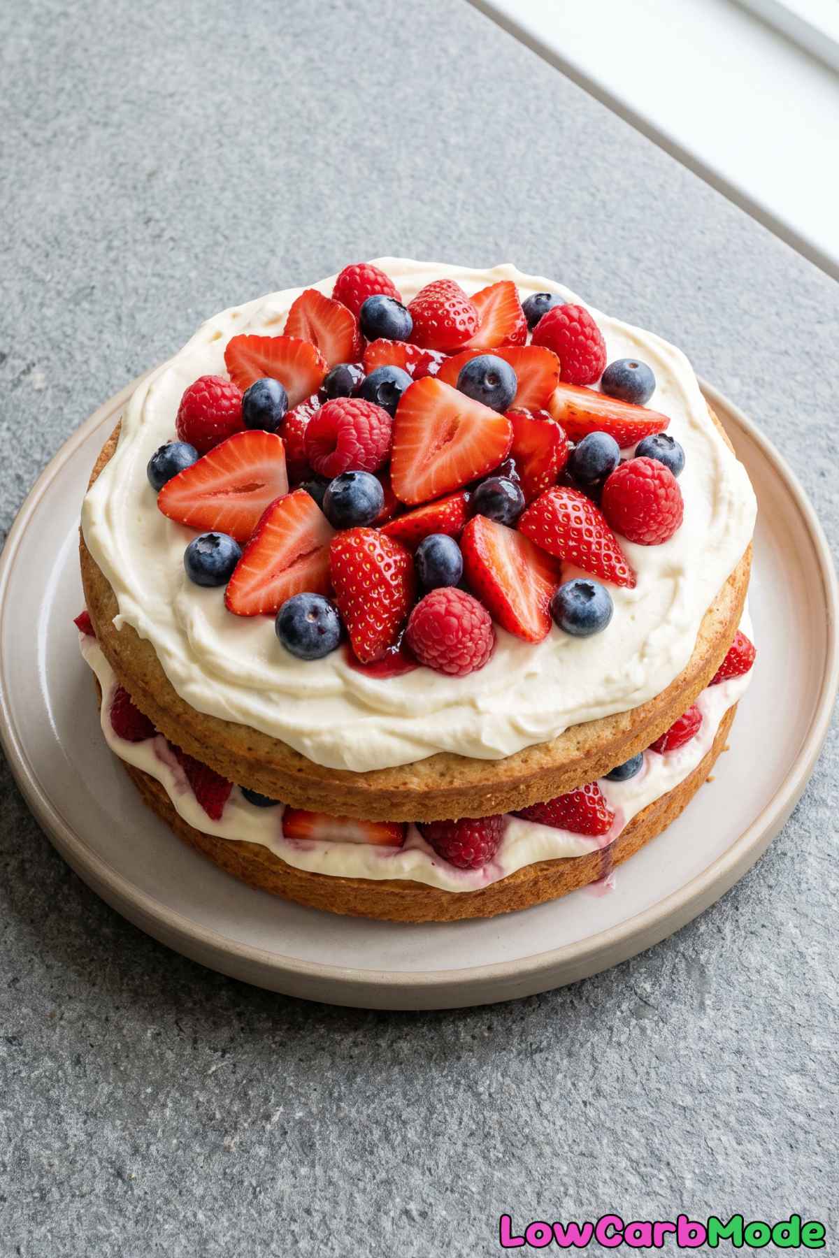 Simple keto vanilla chantilly berry cake