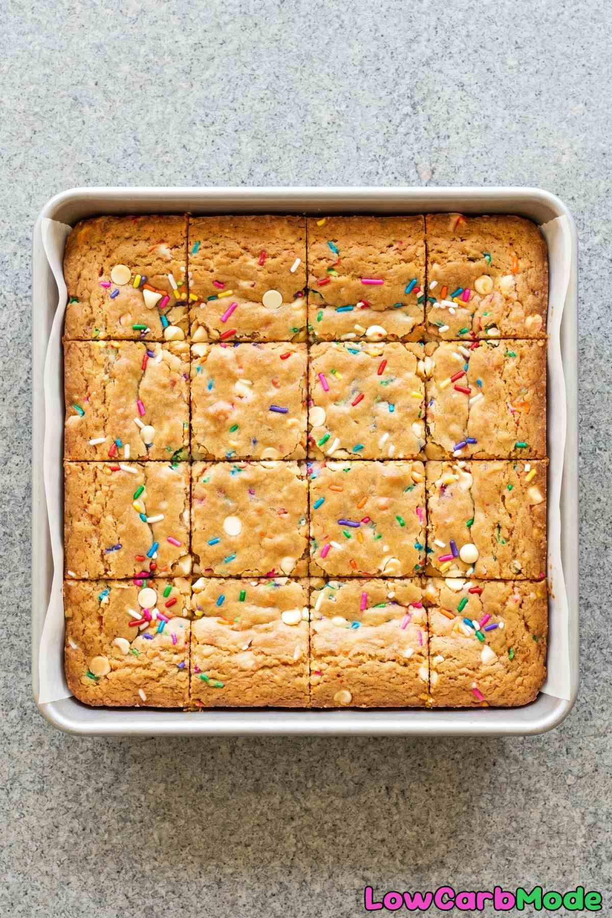 decadent keto cake blondies sliced