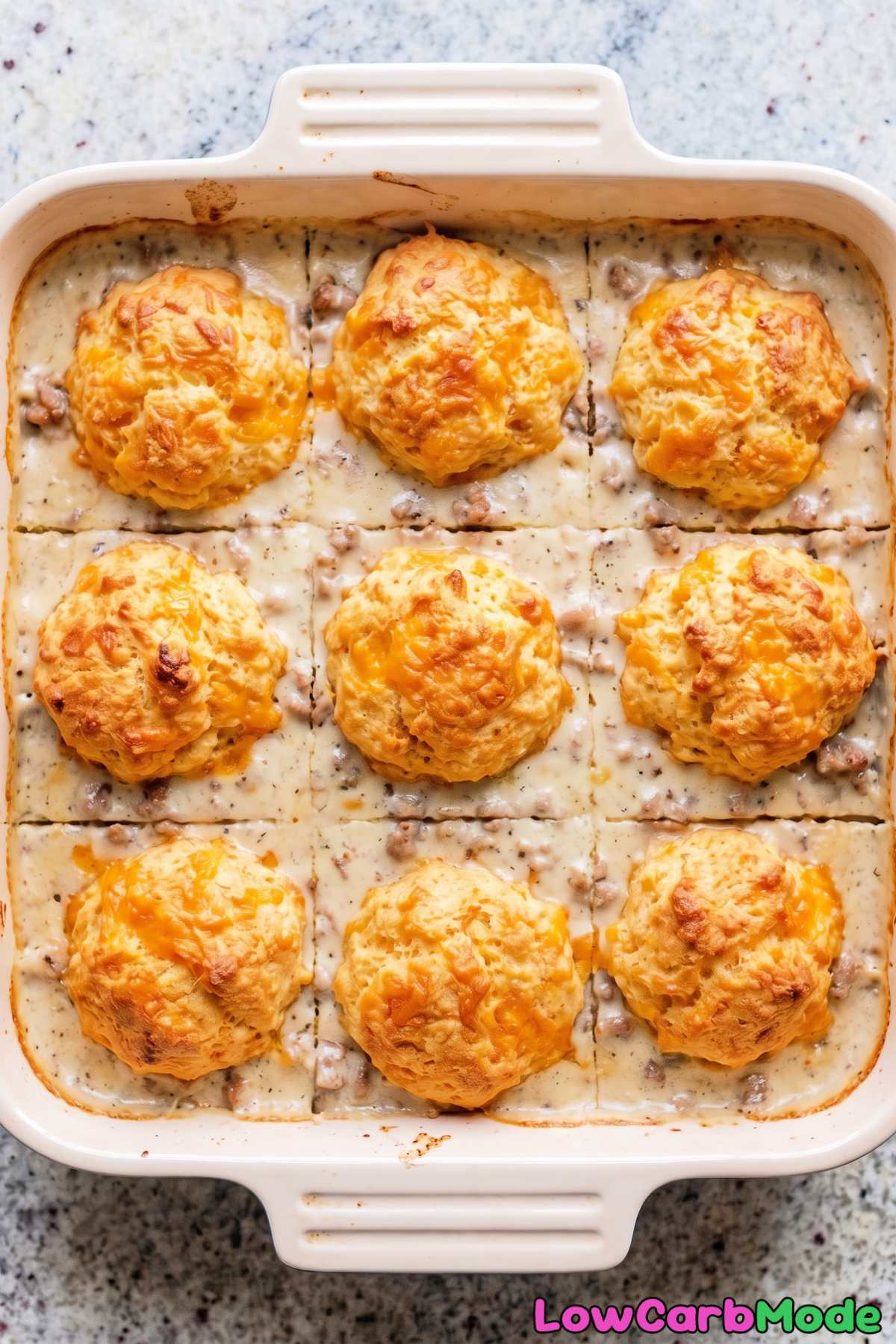 Golden keto biscuit and gravy casserole