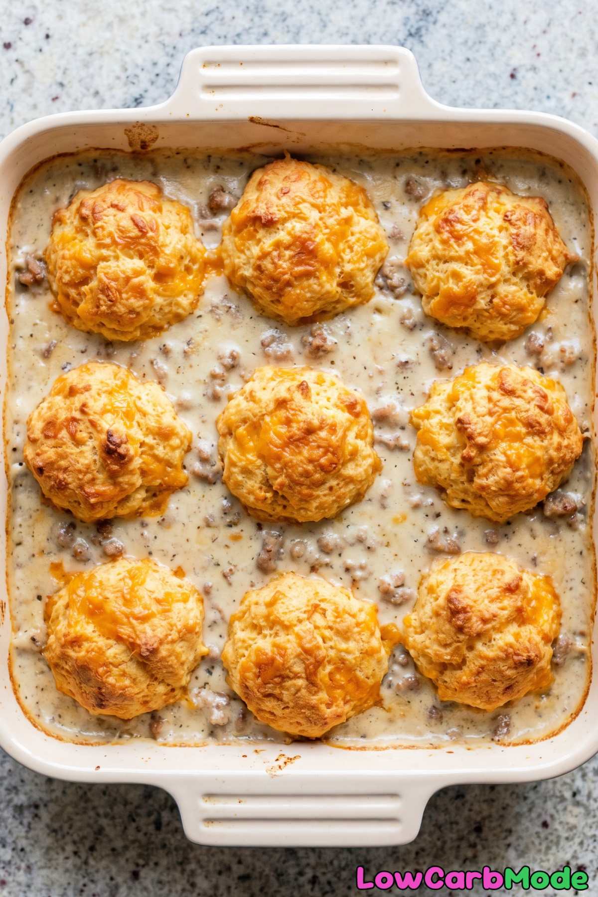 Homemade keto biscuits and gravy dish