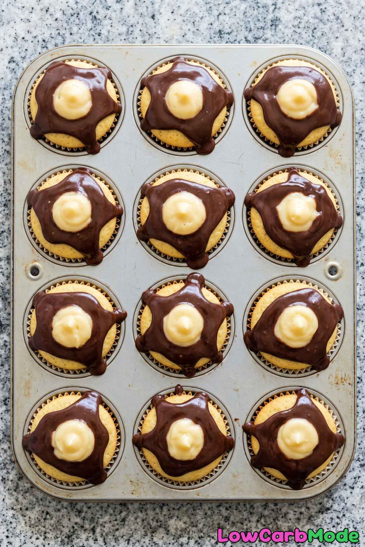 Fluffy keto Boston cream pie cupcakes