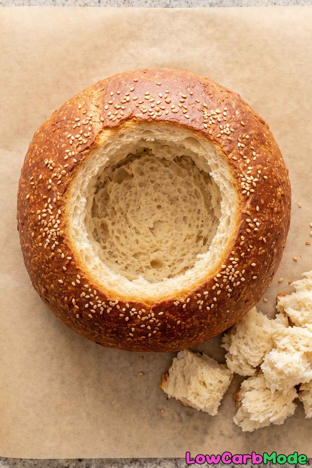 Warm homemade keto bread bowl for soup
