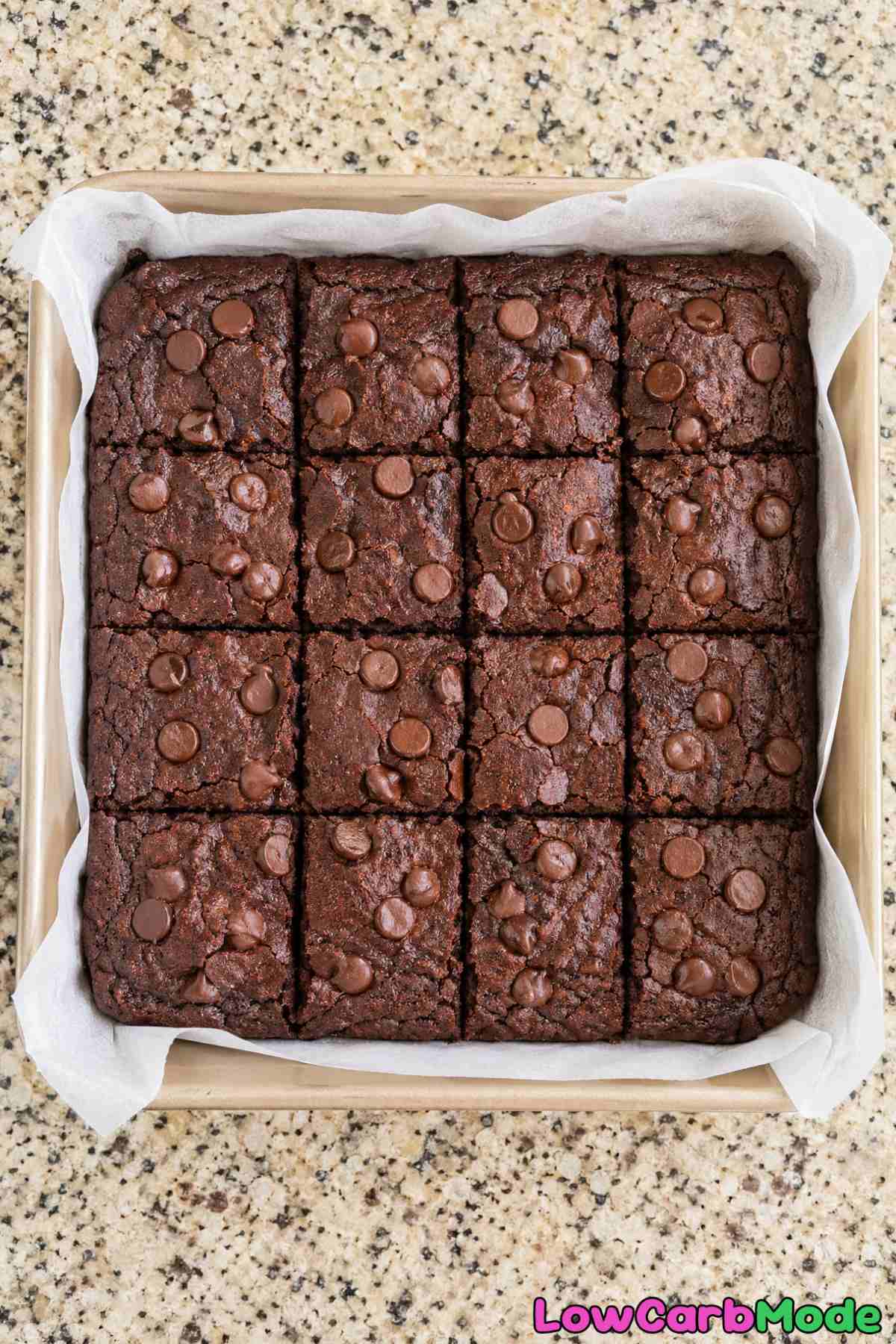 Dense chewy keto brownies on a tray