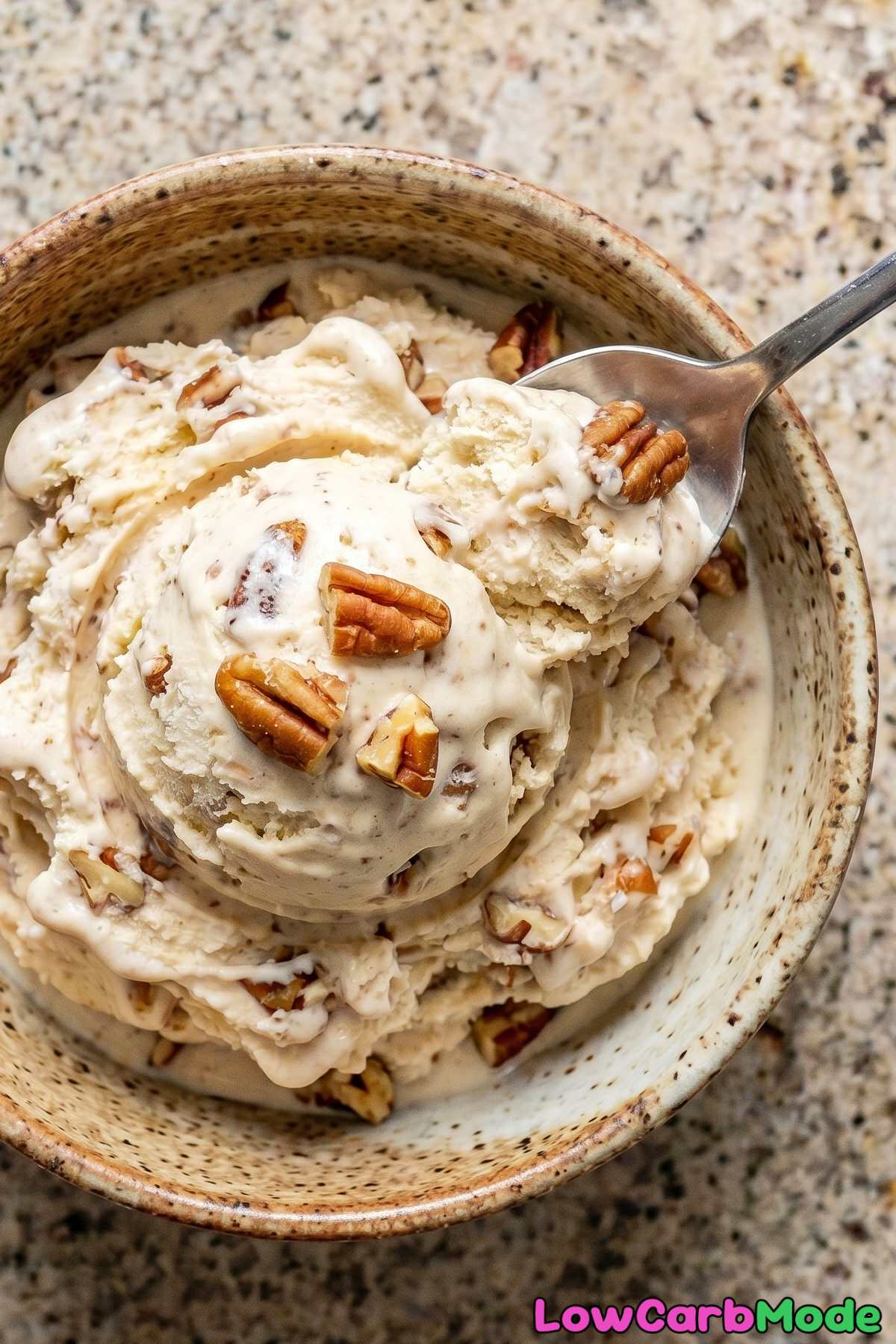 Decadent keto butter pecan ice cream close-up