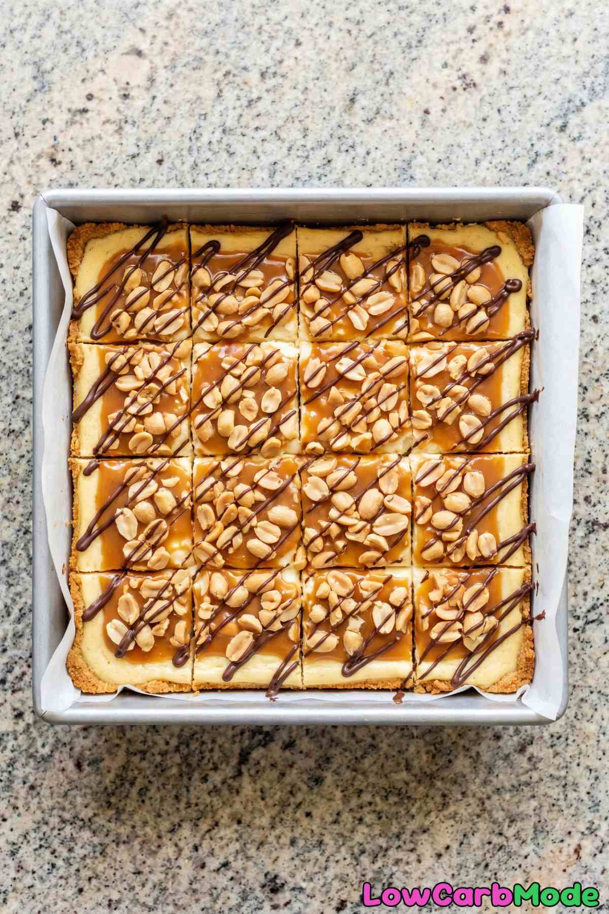Irresistible keto caramel peanut cheesecake bars