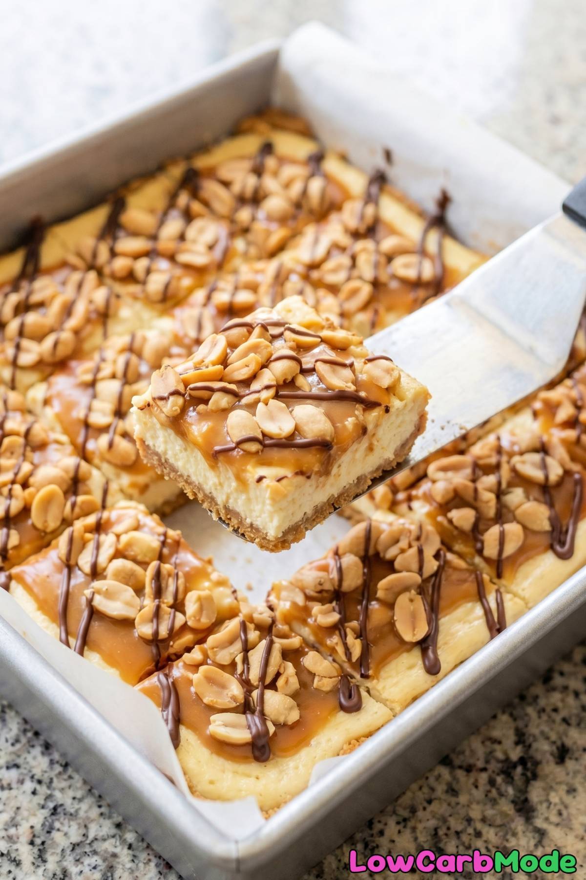 Decadent keto caramel peanut cheesecake bars