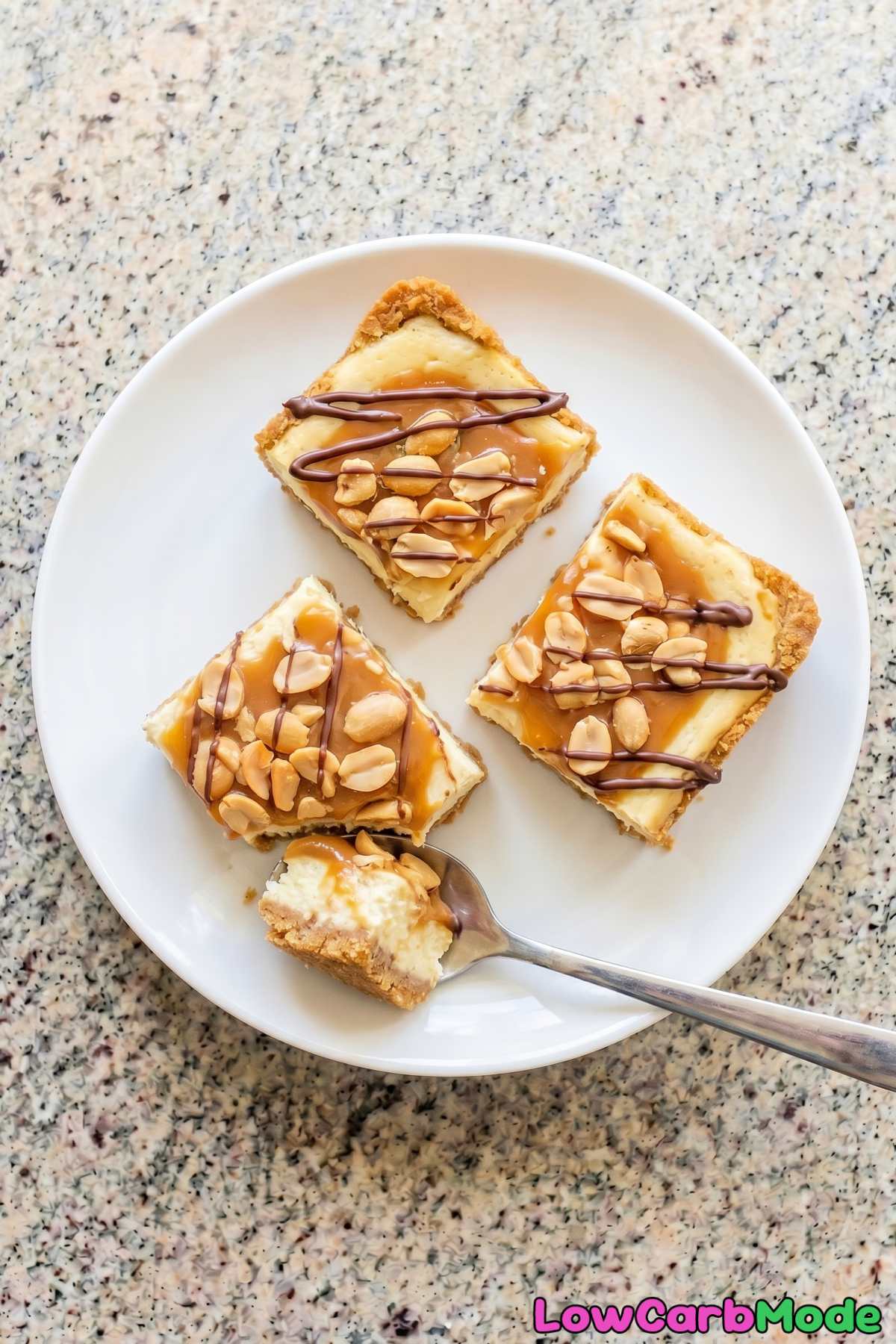 Rich keto caramel peanut cheesecake bars