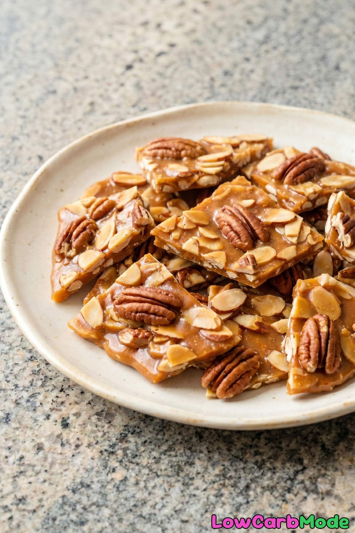 Homemade keto pecan brittle on a plate