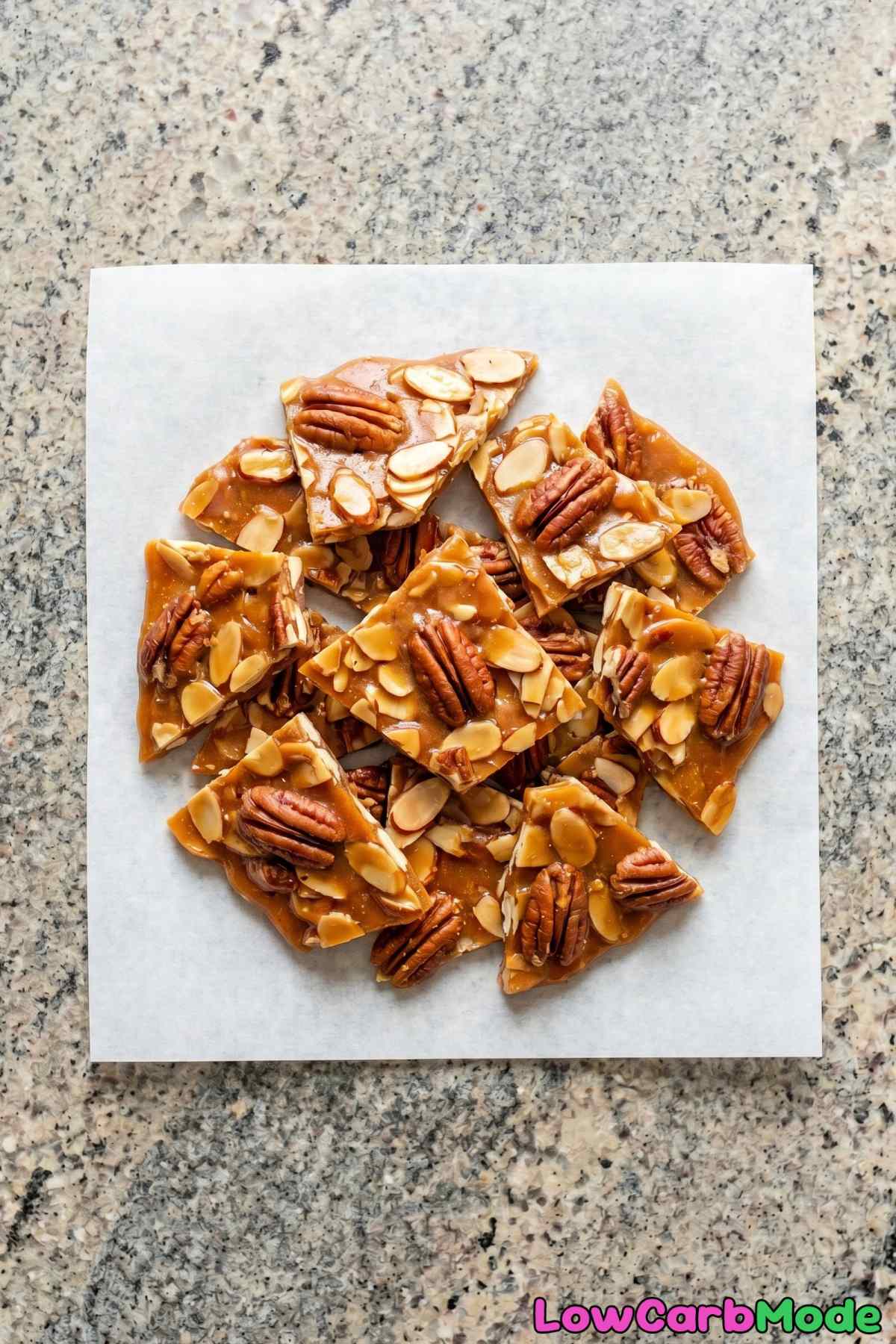 Buttery keto caramel pecan brittle chunks