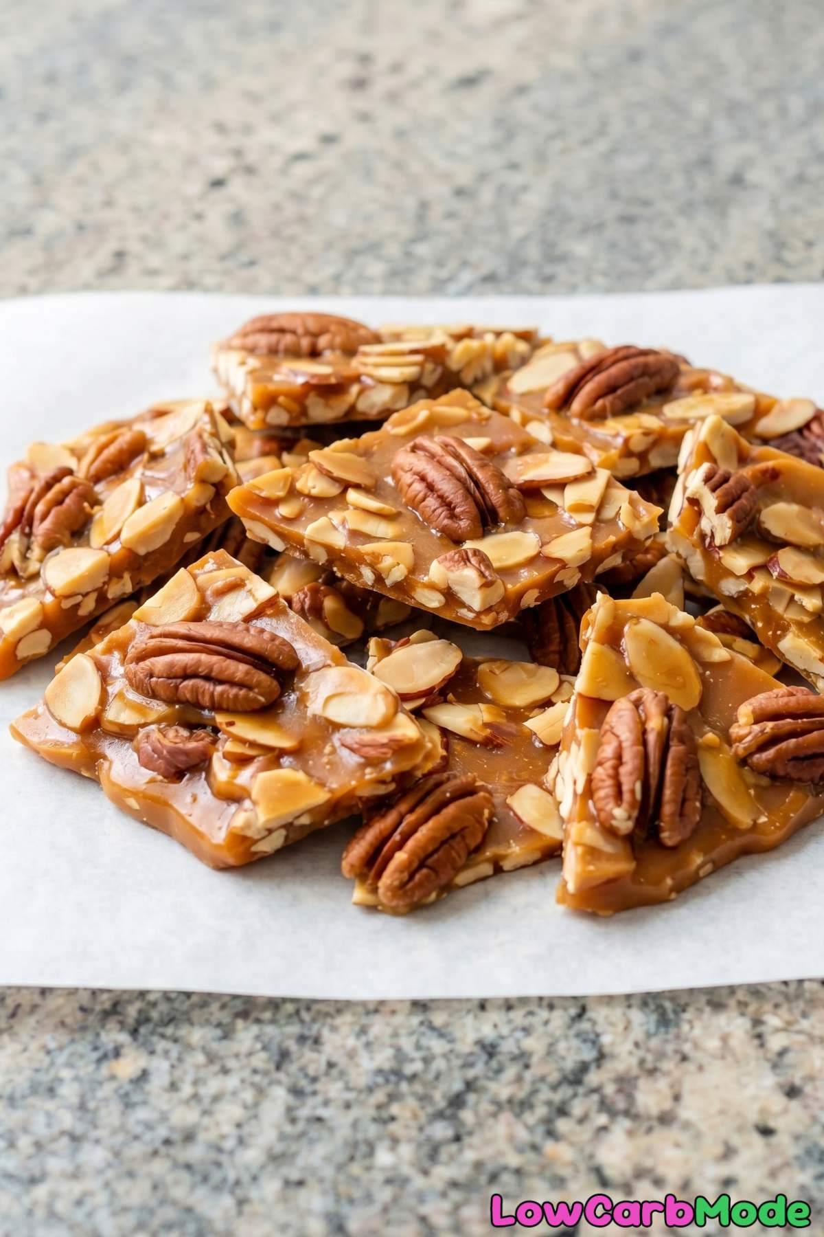 Crunchy keto caramel pecan brittle pieces