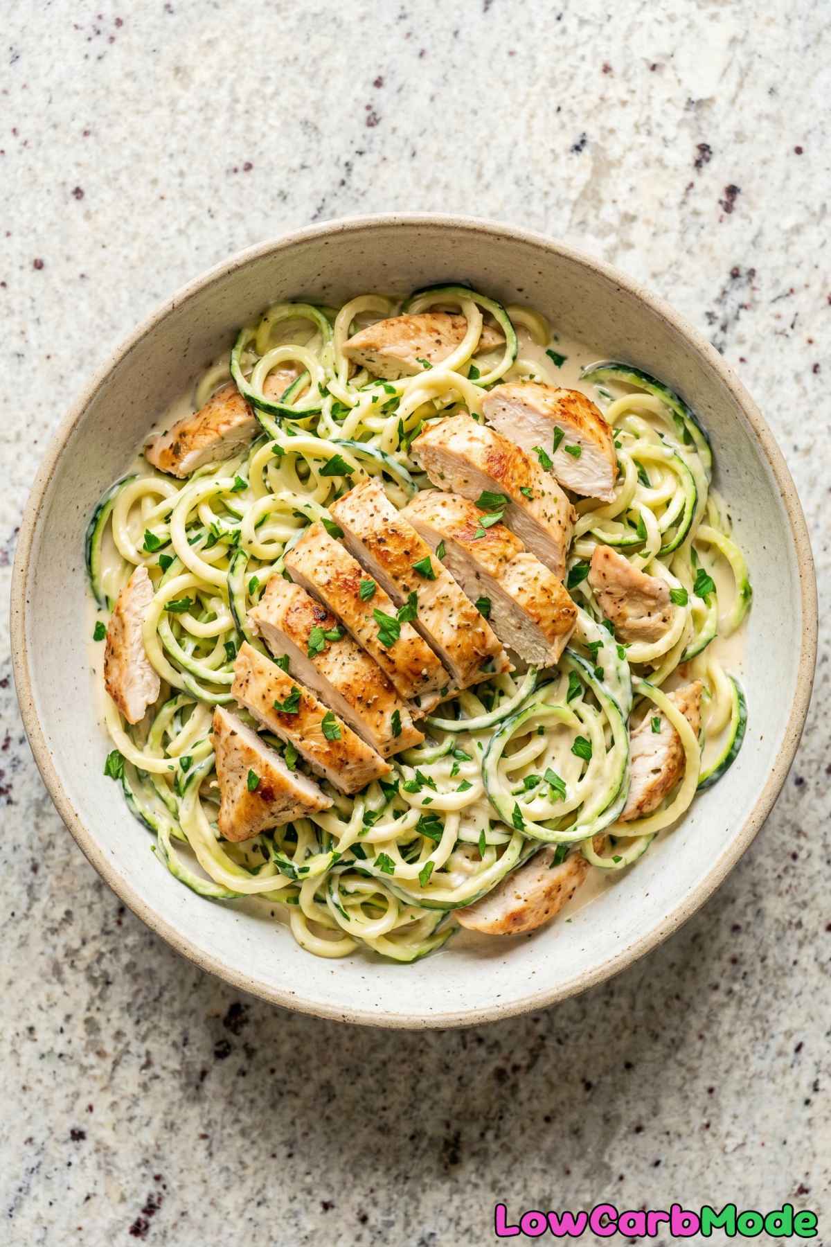 Warm keto chicken alfredo with tender zoodles
