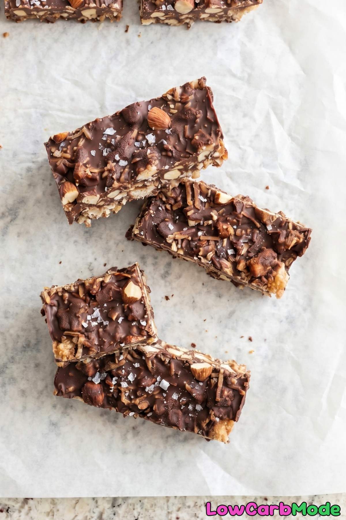 Homemade keto chocolate crunch bars sliced
