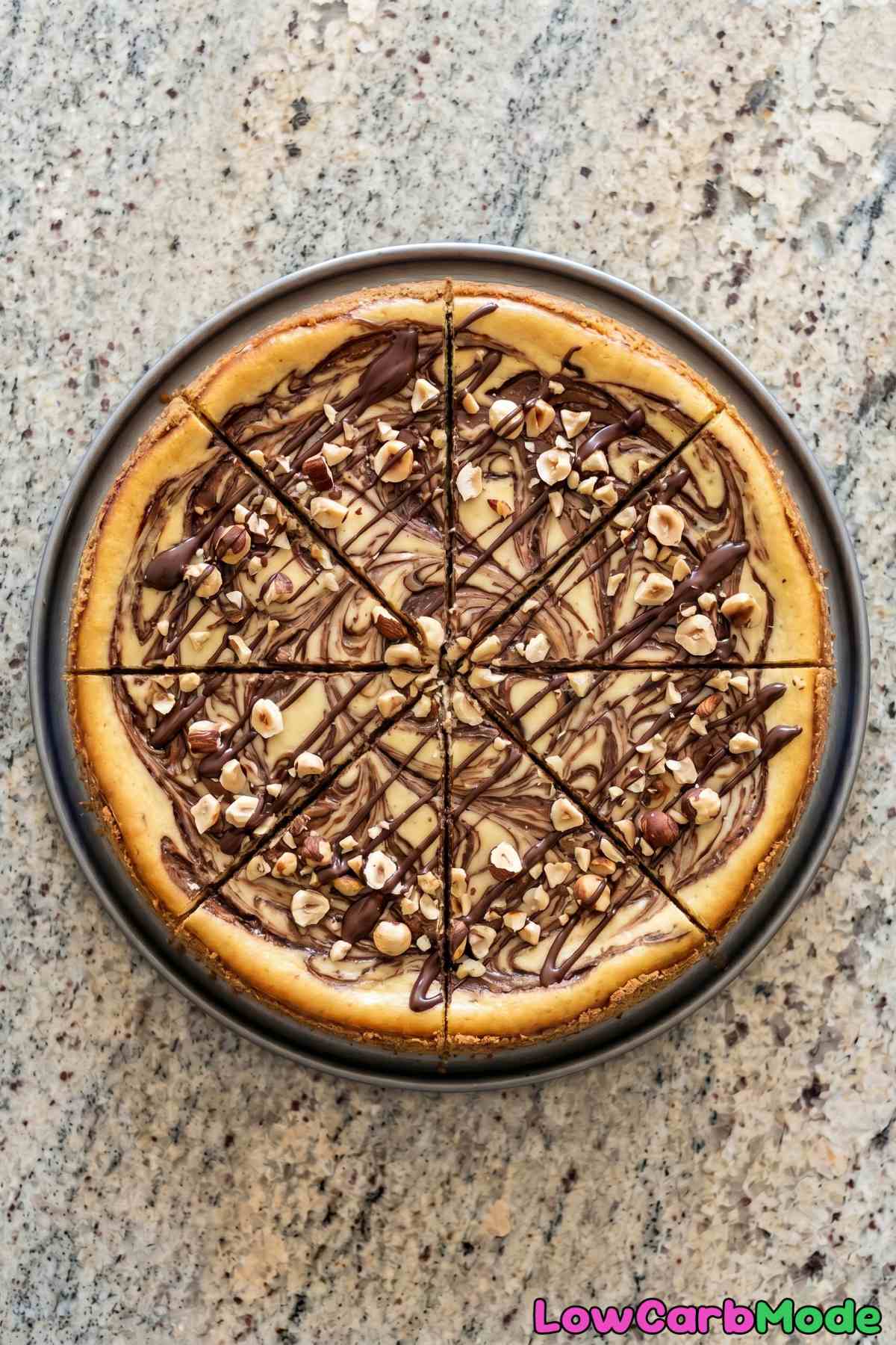 Gorgeous keto chocolate hazelnut swirl cheesecake