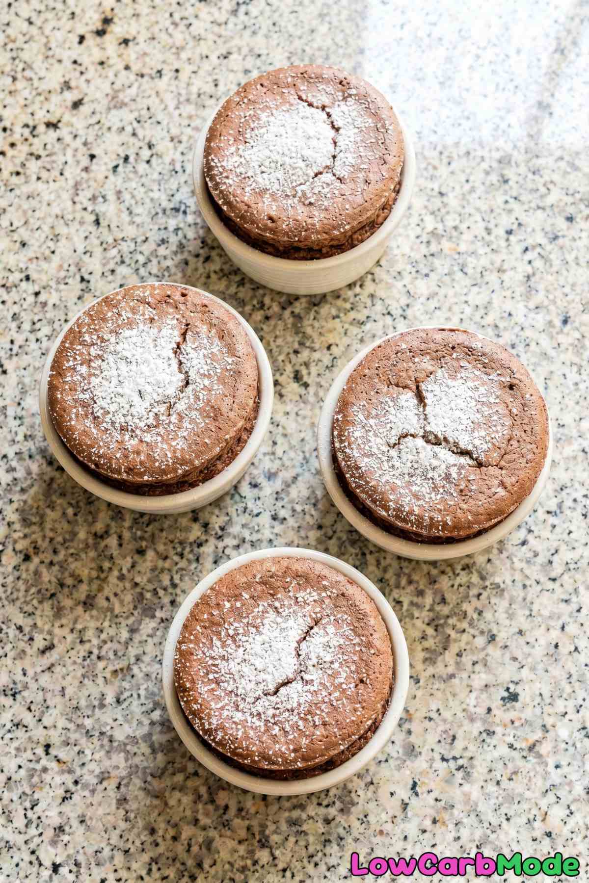 Velvety keto chocolate souffle in ramekin