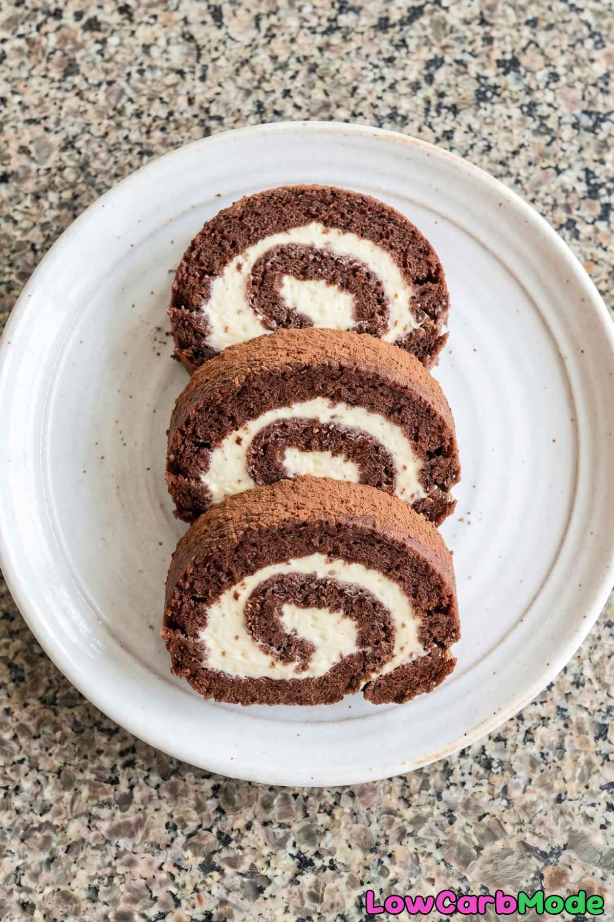 Fluffy keto chocolate swiss roll dessert