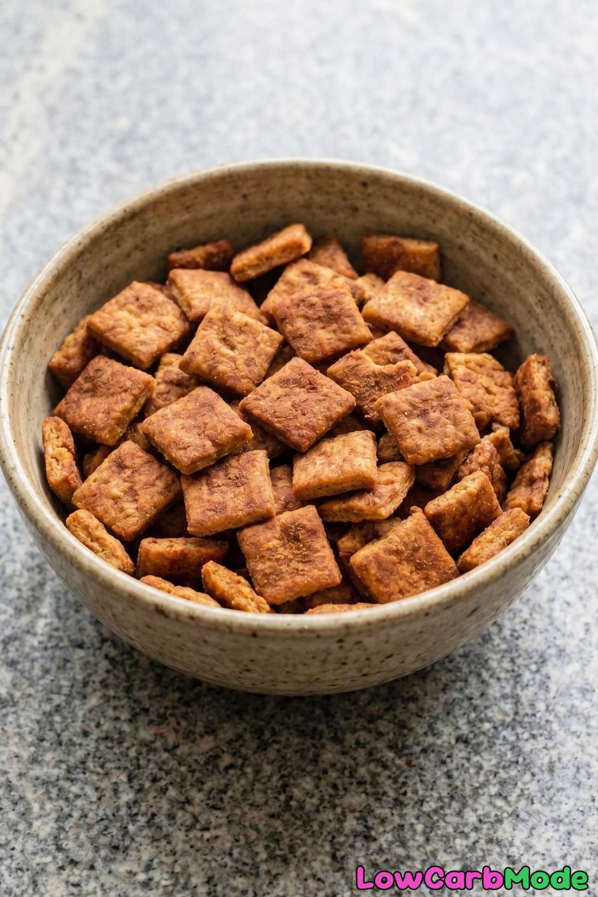 Golden keto cinnamon crunch cereal closeup