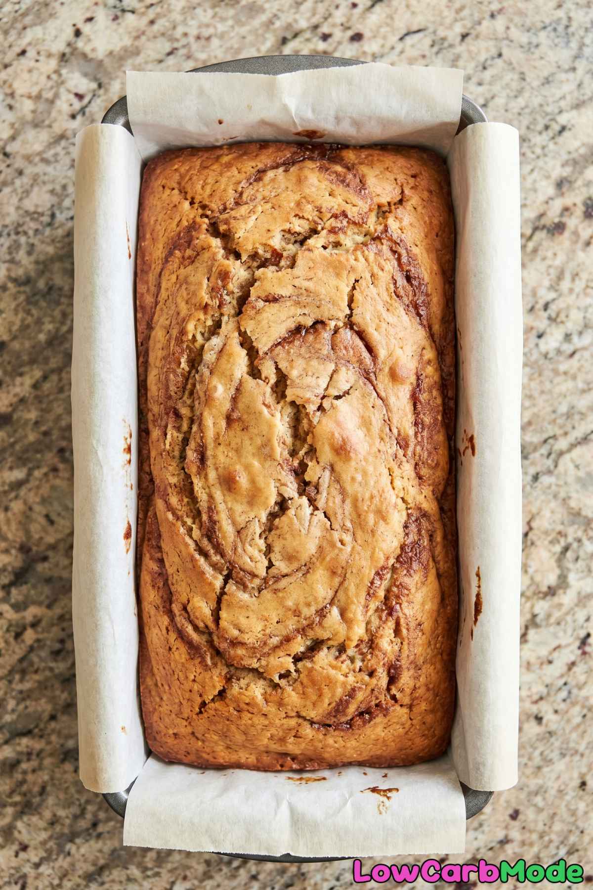Warm keto cinnamon swirl bread loaf