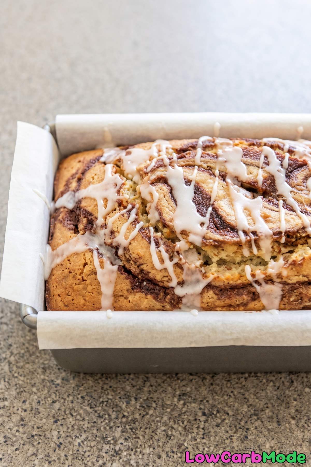 Keto cinnamon swirl yogurt cake on a plate