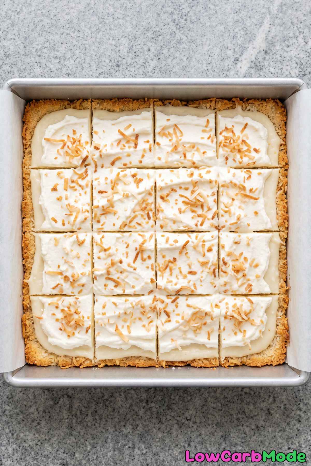 Keto coconut cream bars with toasted flakes