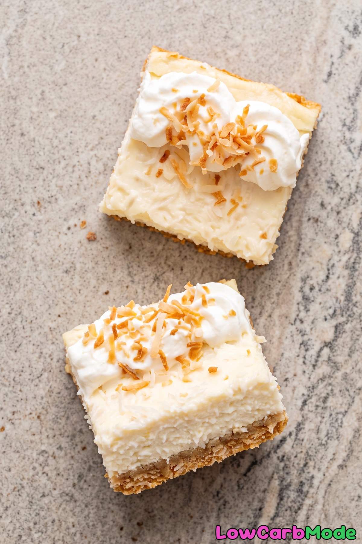 Plated keto coconut cheesecake bars