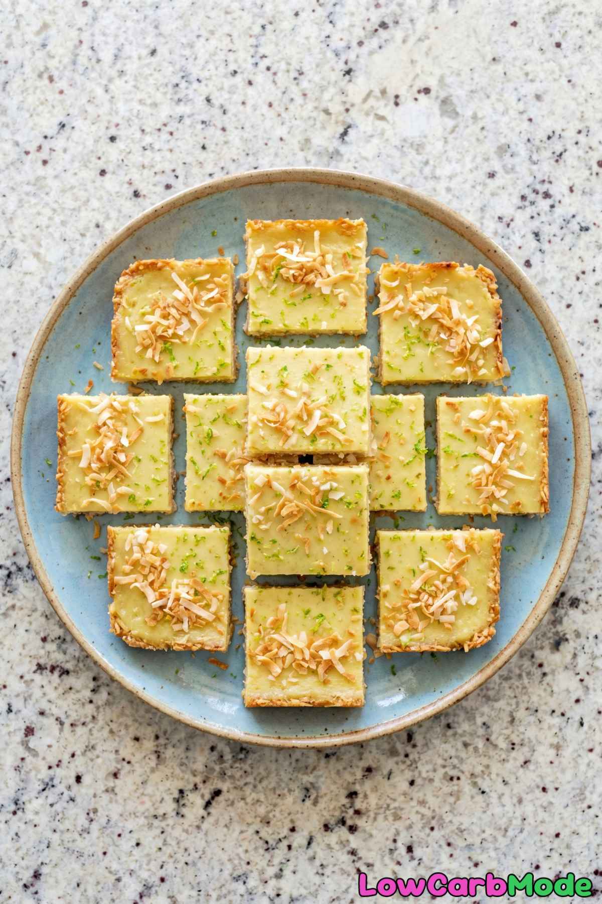 Tropical keto coconut lime bars ready to eat