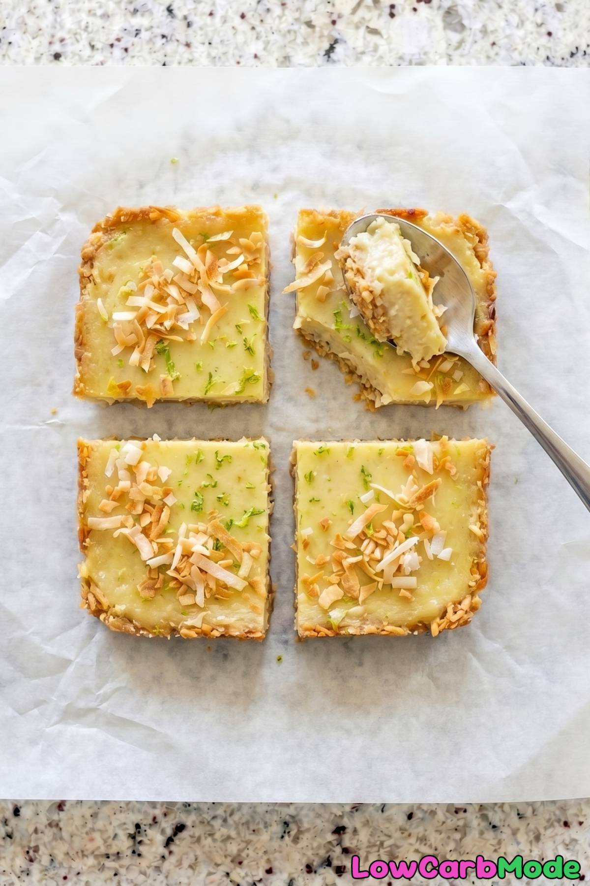 Decadent keto coconut lime bars on tray