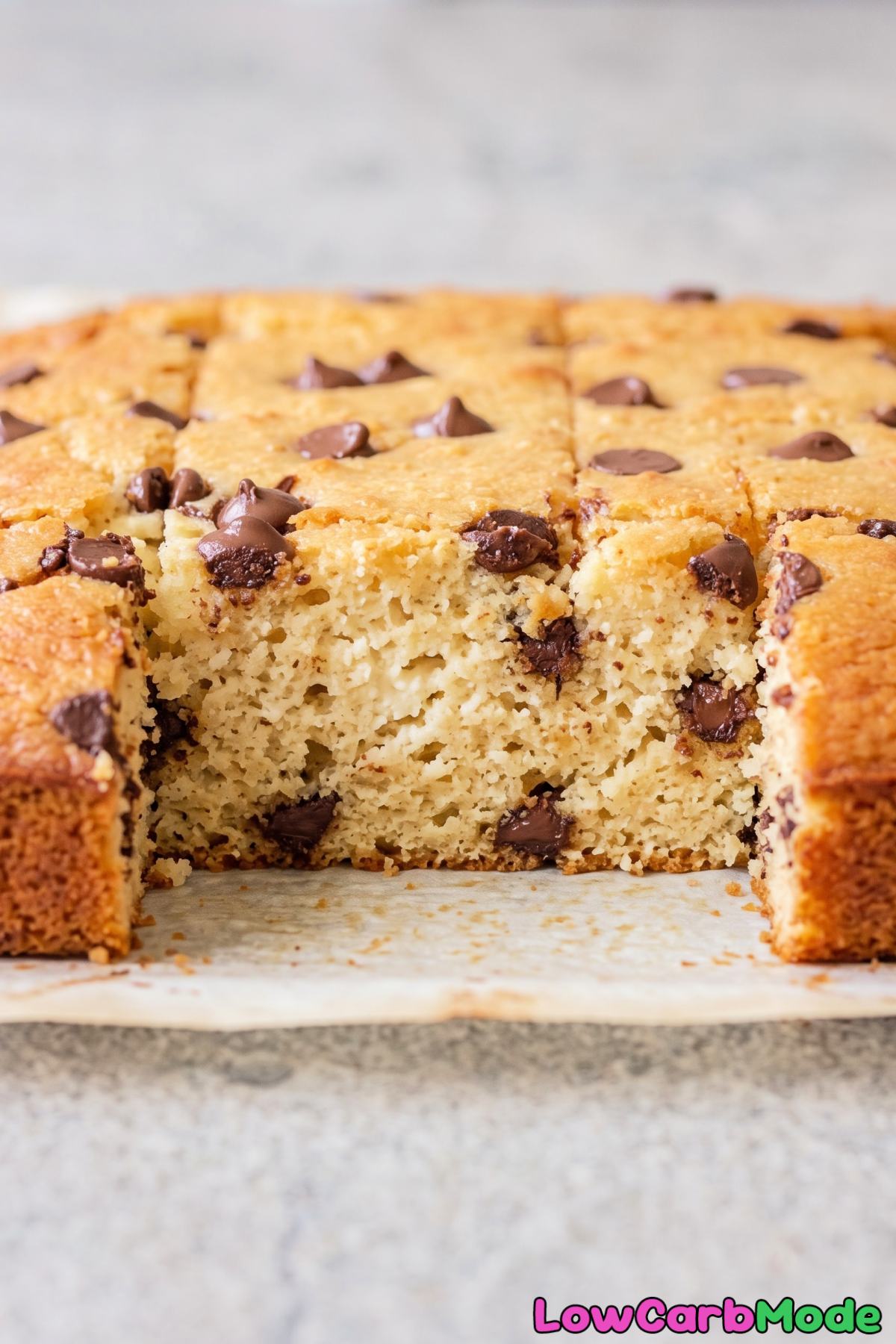 Soft keto chocolate chip snack cake slice