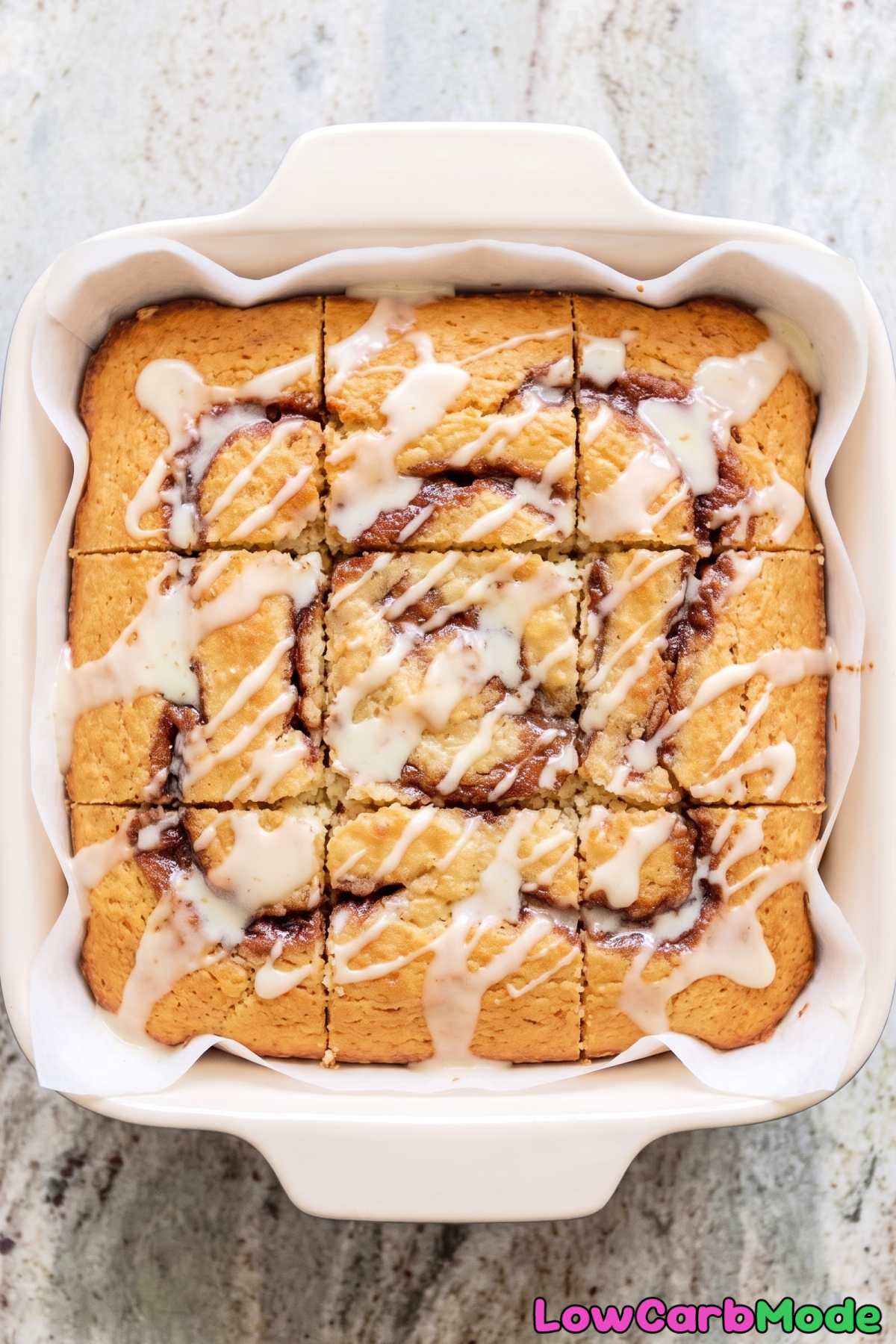 Warm keto cinnamon roll cake slice