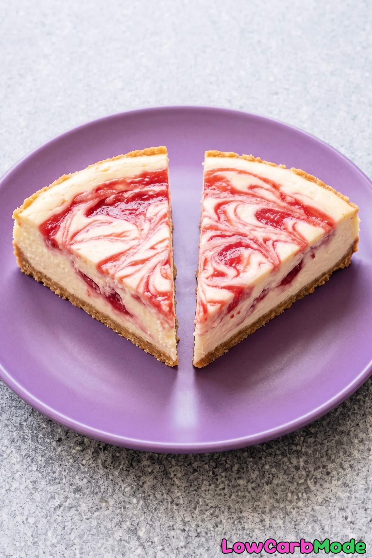 Slice of keto strawberry swirl cheesecake