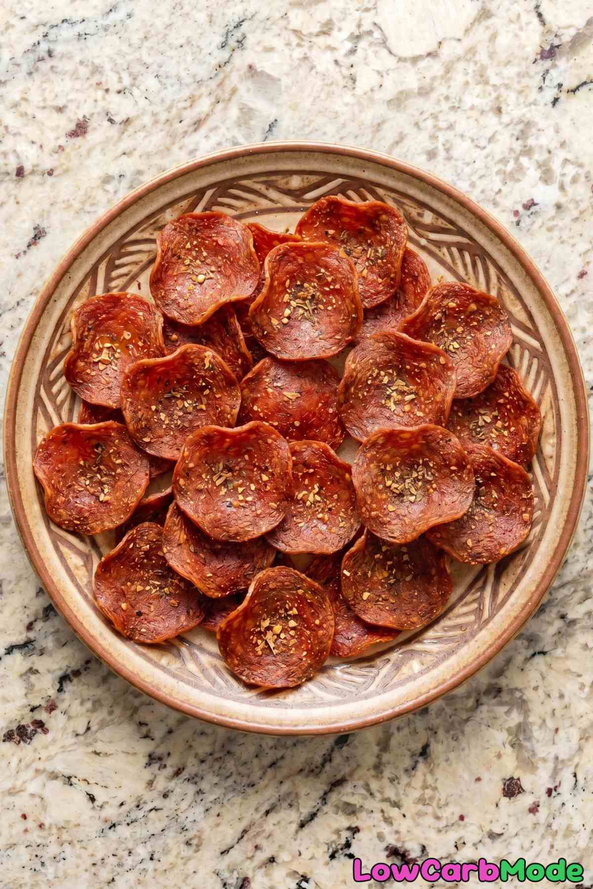 Simple keto crispy pepperoni chips close-up