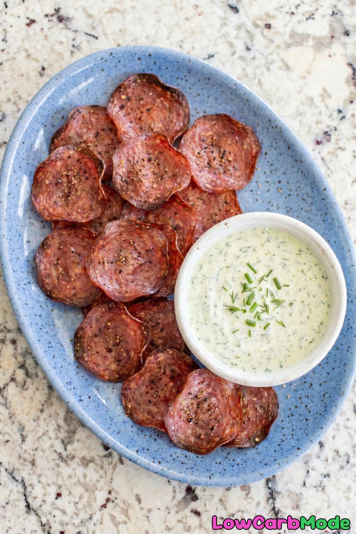 Easy keto salami chips with fresh herb dip