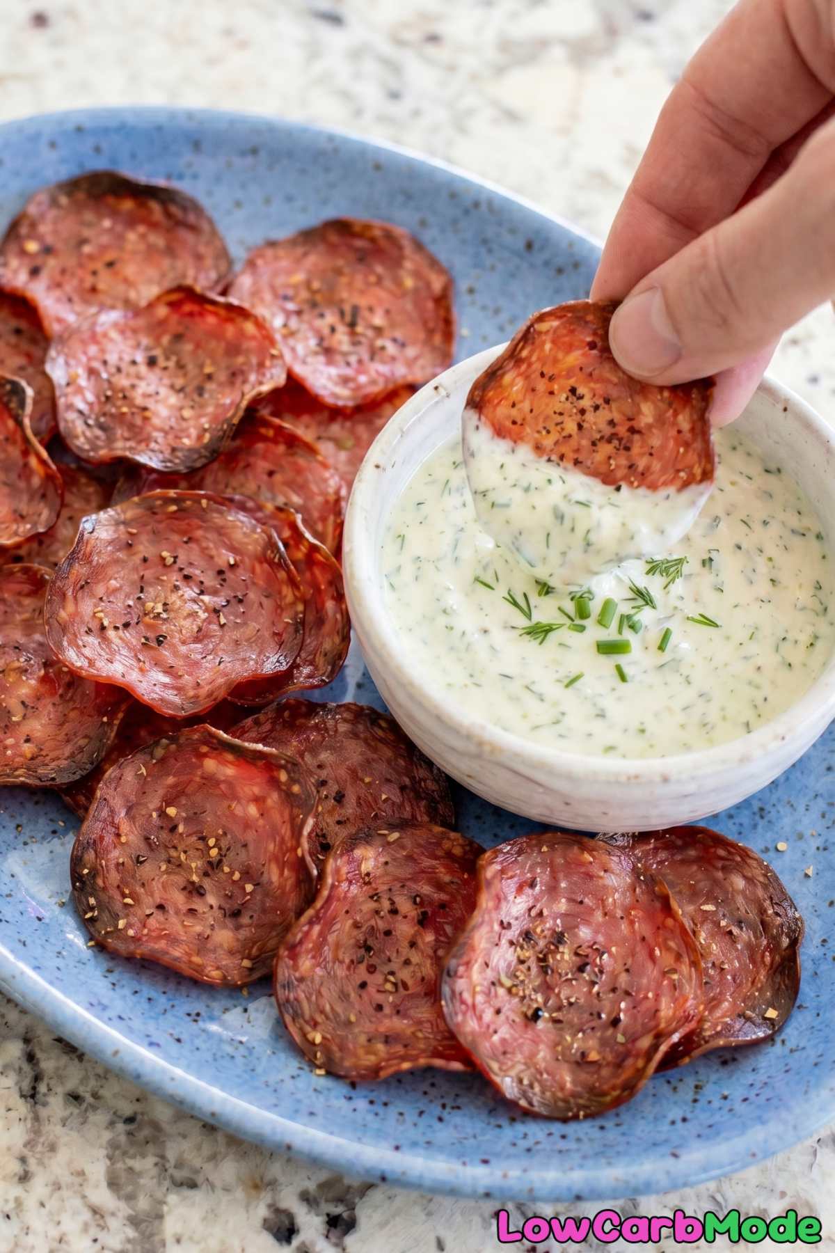 Irresistible keto crispy salami chips & dip