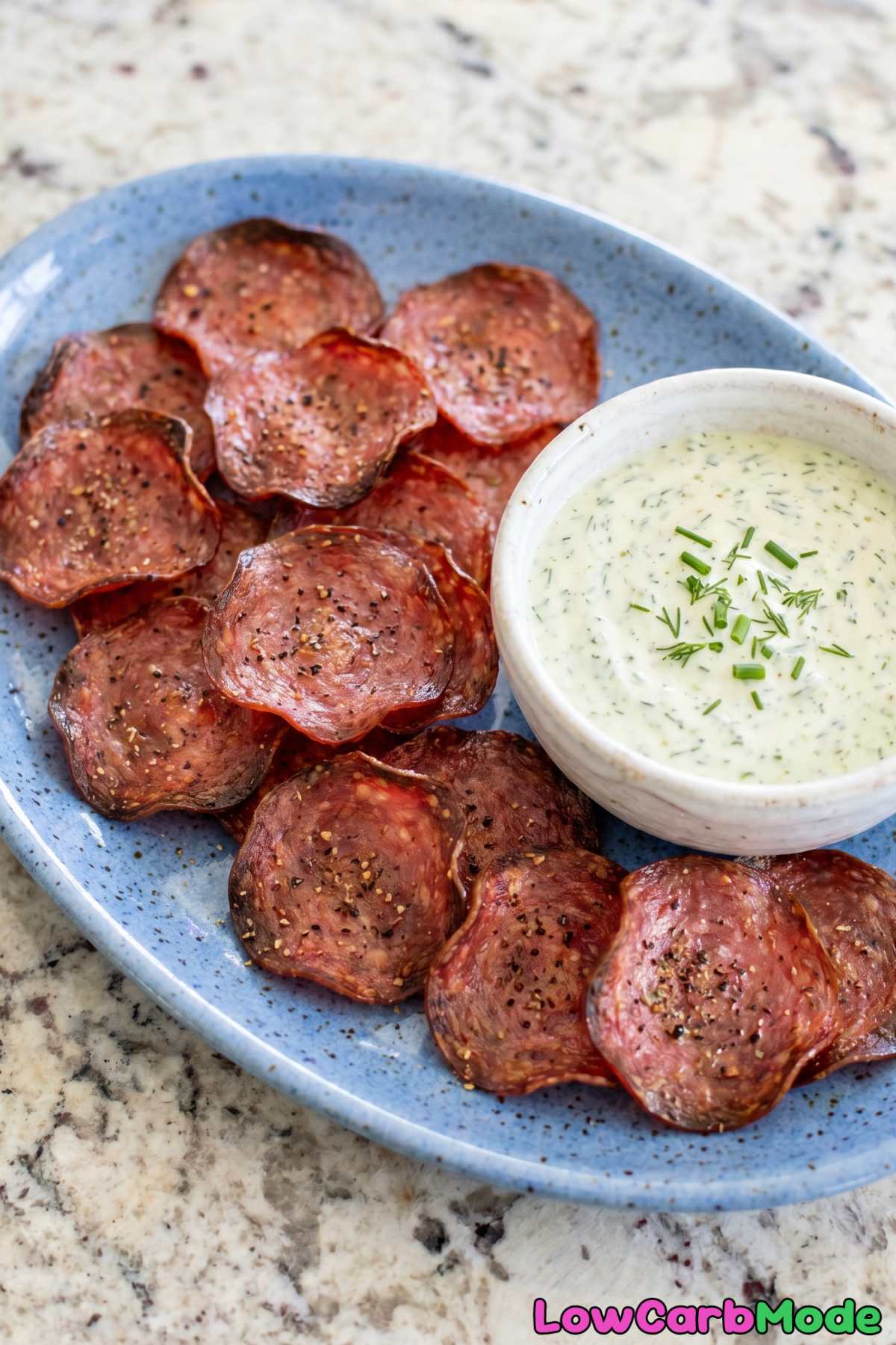 Flavorful keto salami chips and herb dip