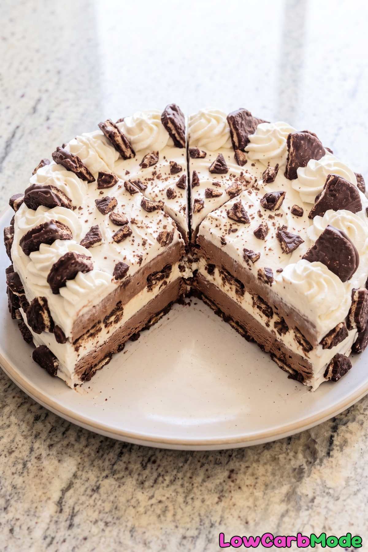 Slice of keto chocolate ice cream cake