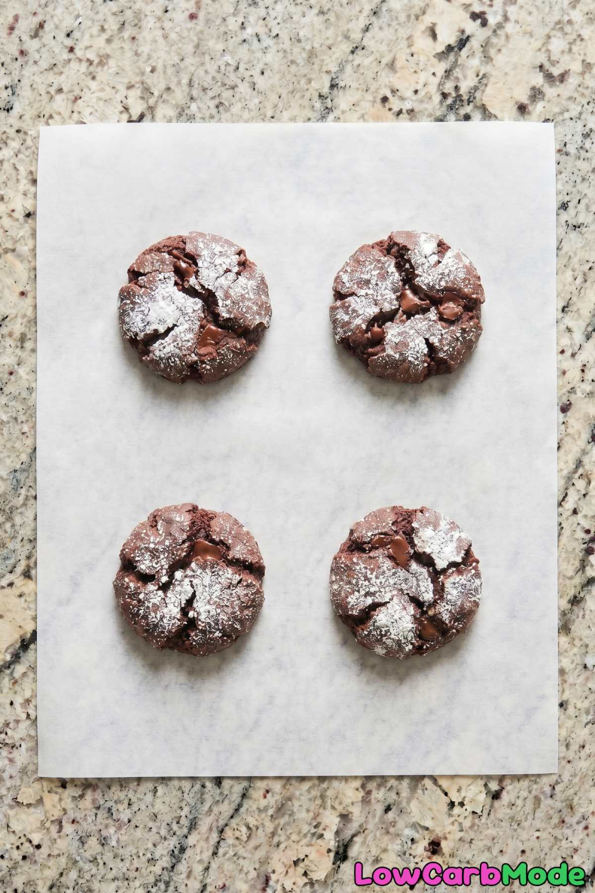 Soft keto double chocolate crinkle cookies stacked