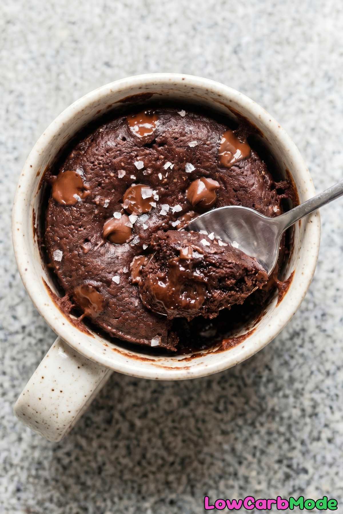 Warm keto fudgy brownie mug cake