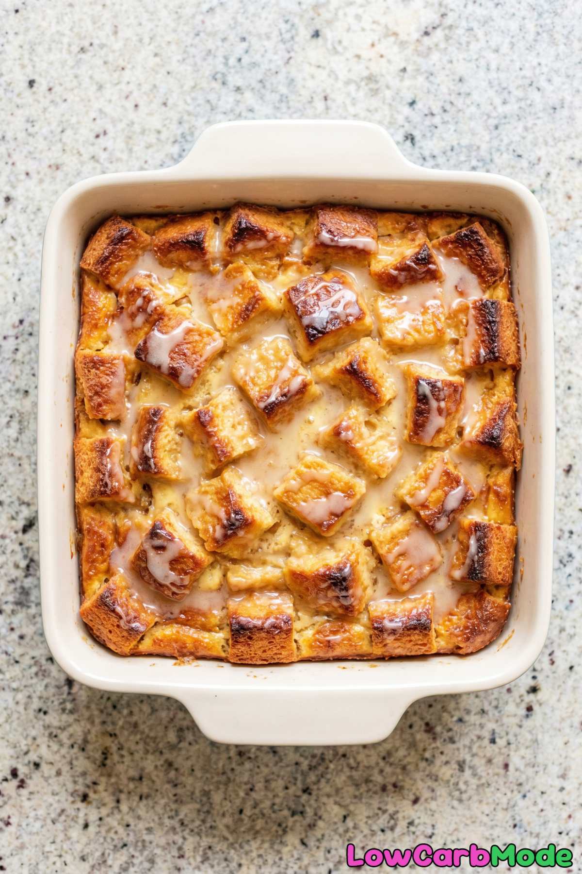 Comforting keto glazed donut bread pudding