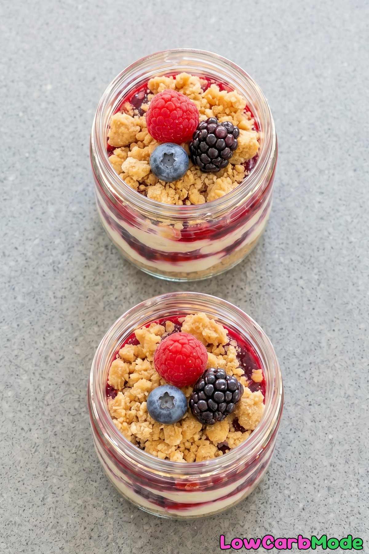 Gorgeous keto layered berry cheesecake jars