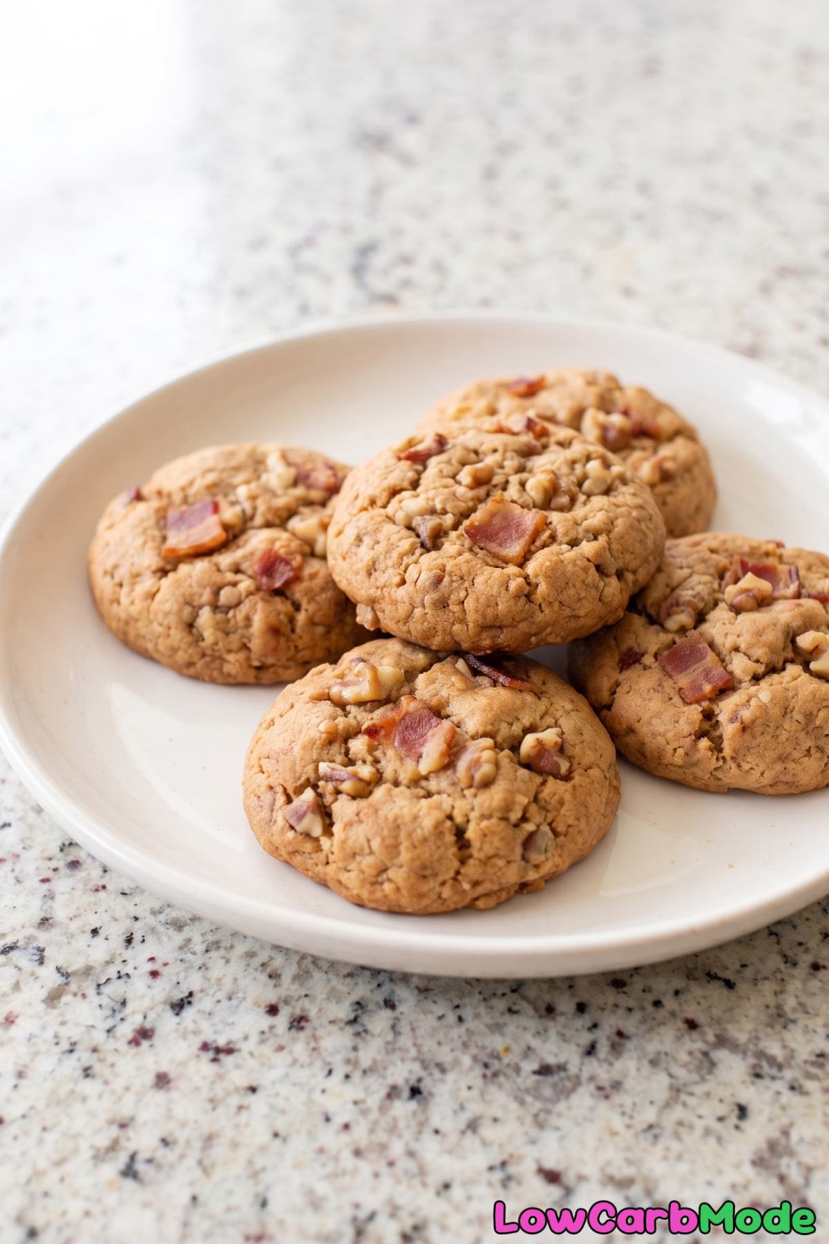Maple bacon cookies stacked on plate