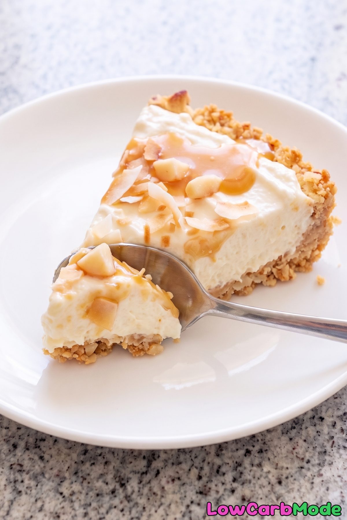 Keto cheesecake topped with caramel