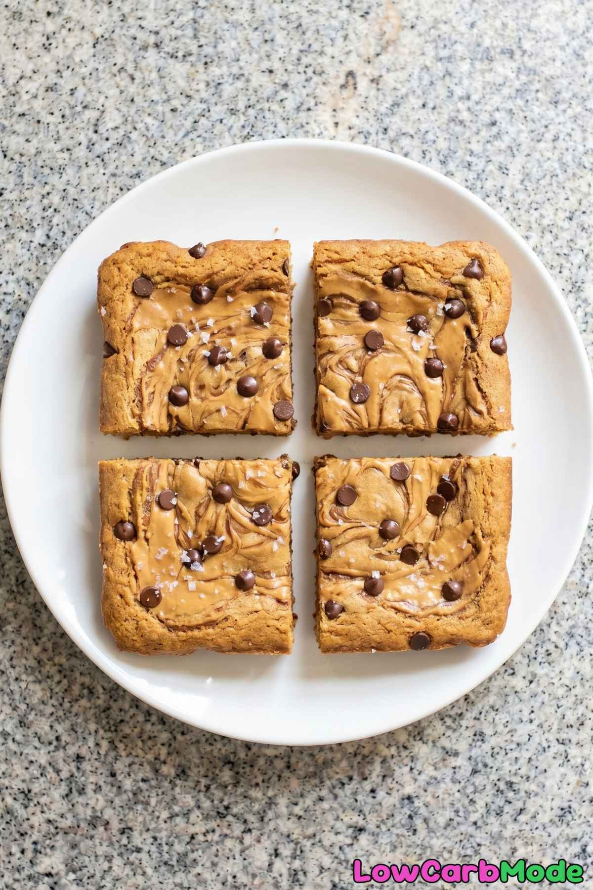 keto peanut butter cup blondies on a plate