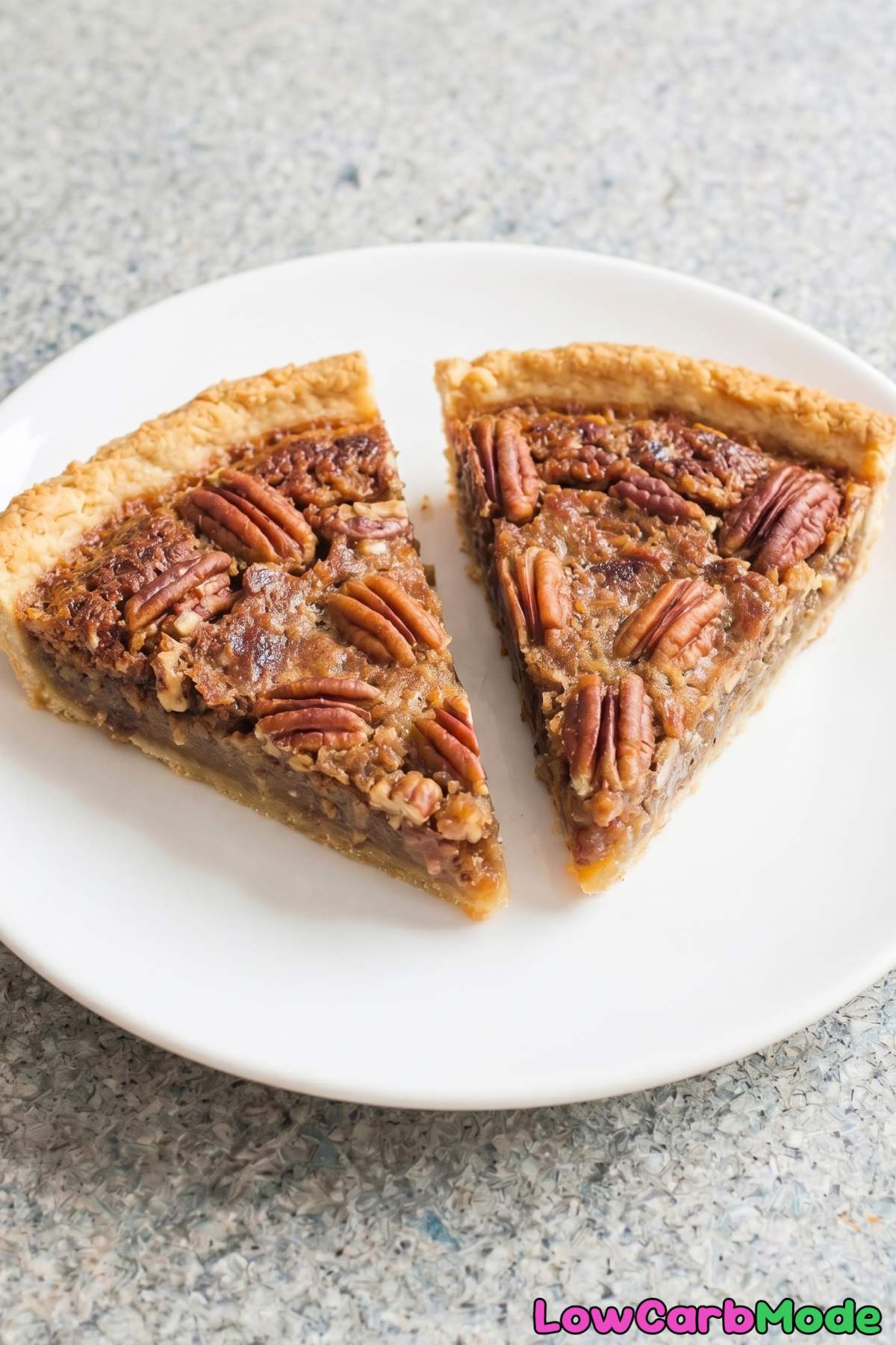 Warm keto pecan pie slice up close