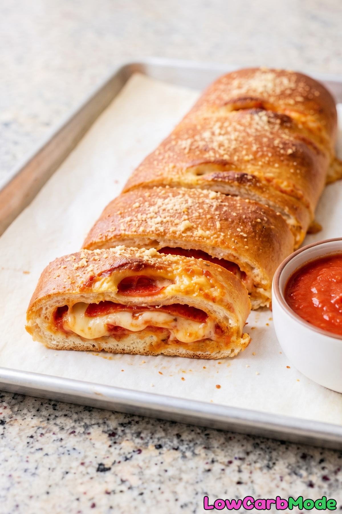 Freshly baked keto pepperoni pizza bread