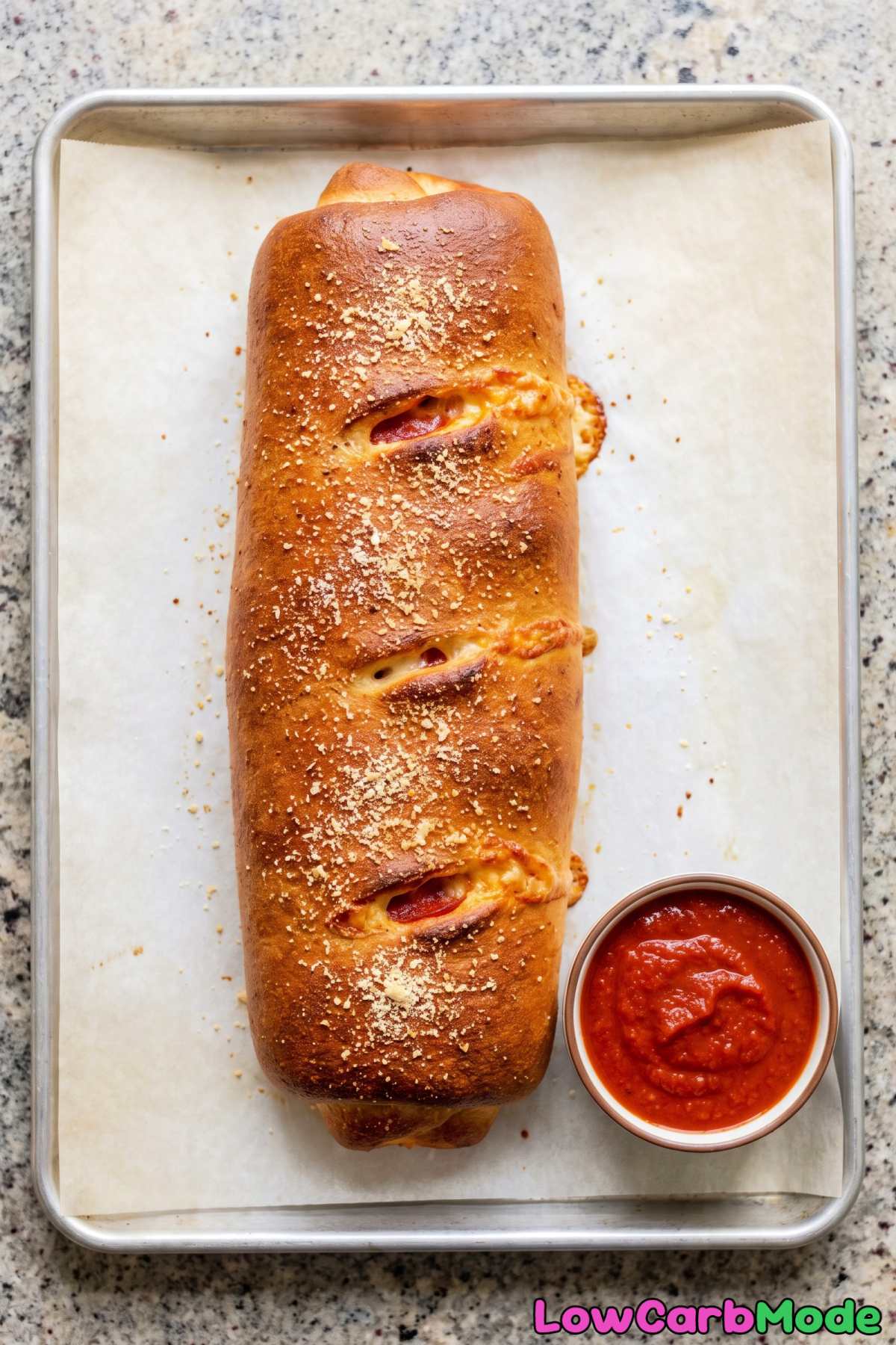 Sliced keto pepperoni pizza bread