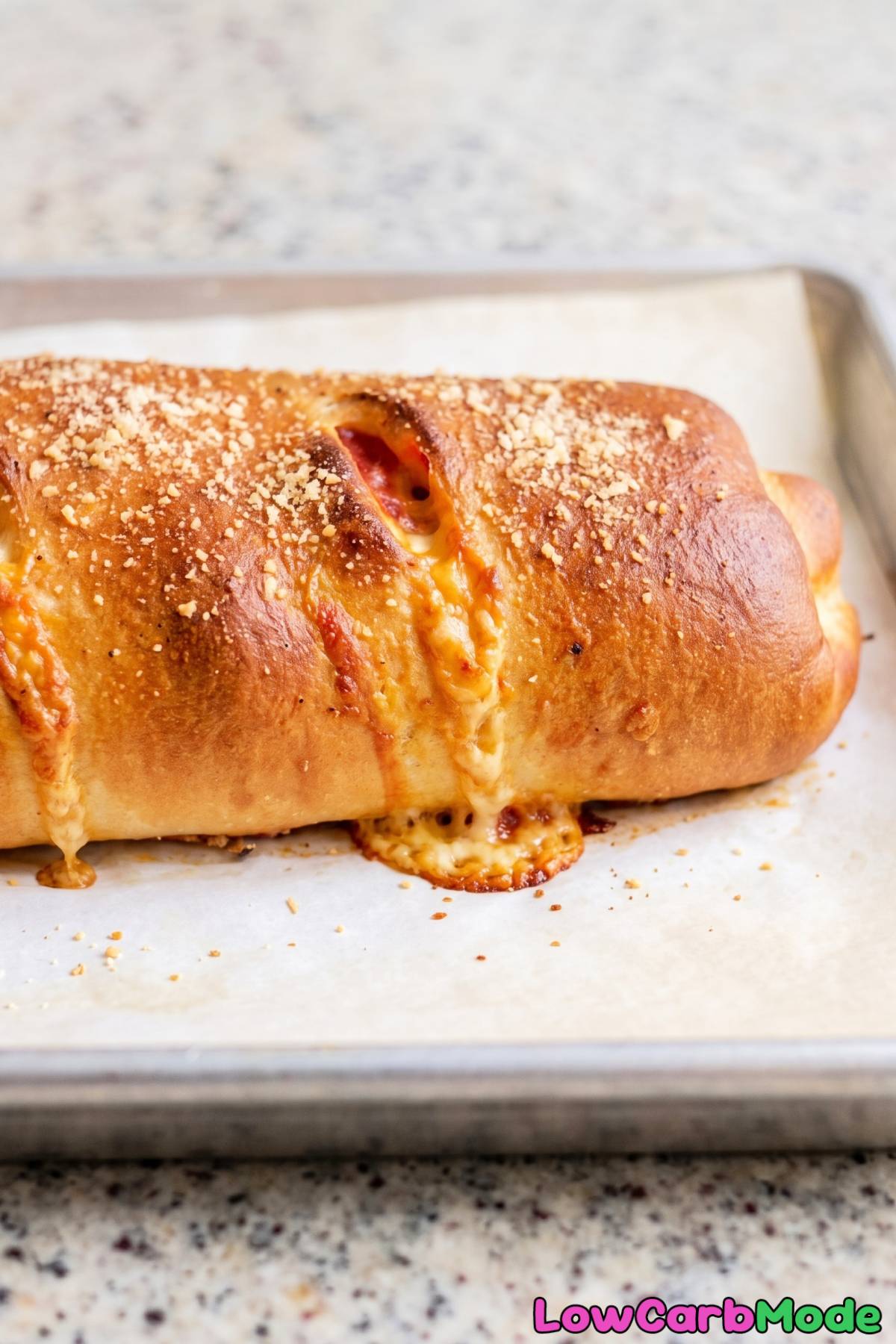 Warm keto pepperoni pizza bread loaf