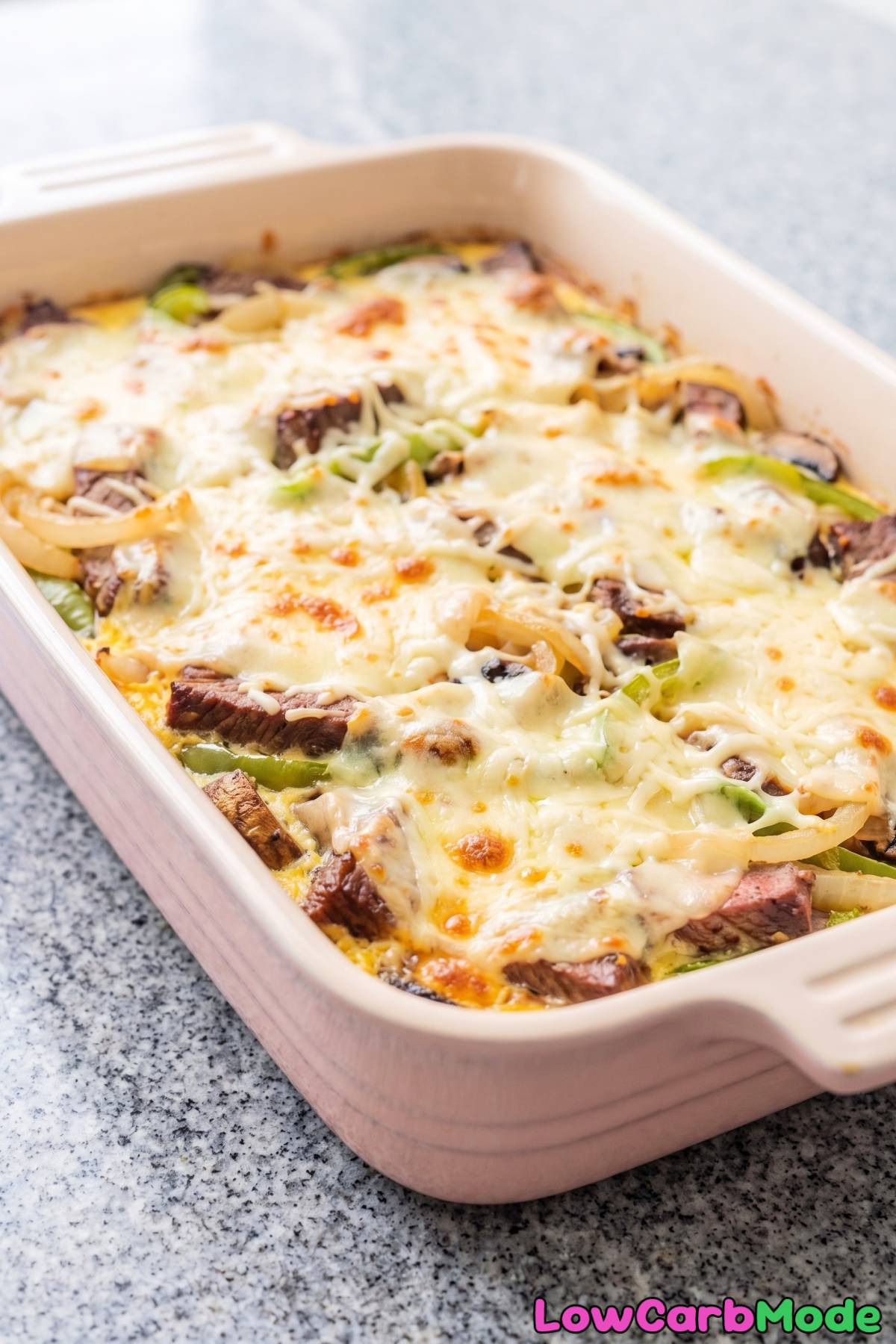 Golden keto Philly cheesesteak casserole bake